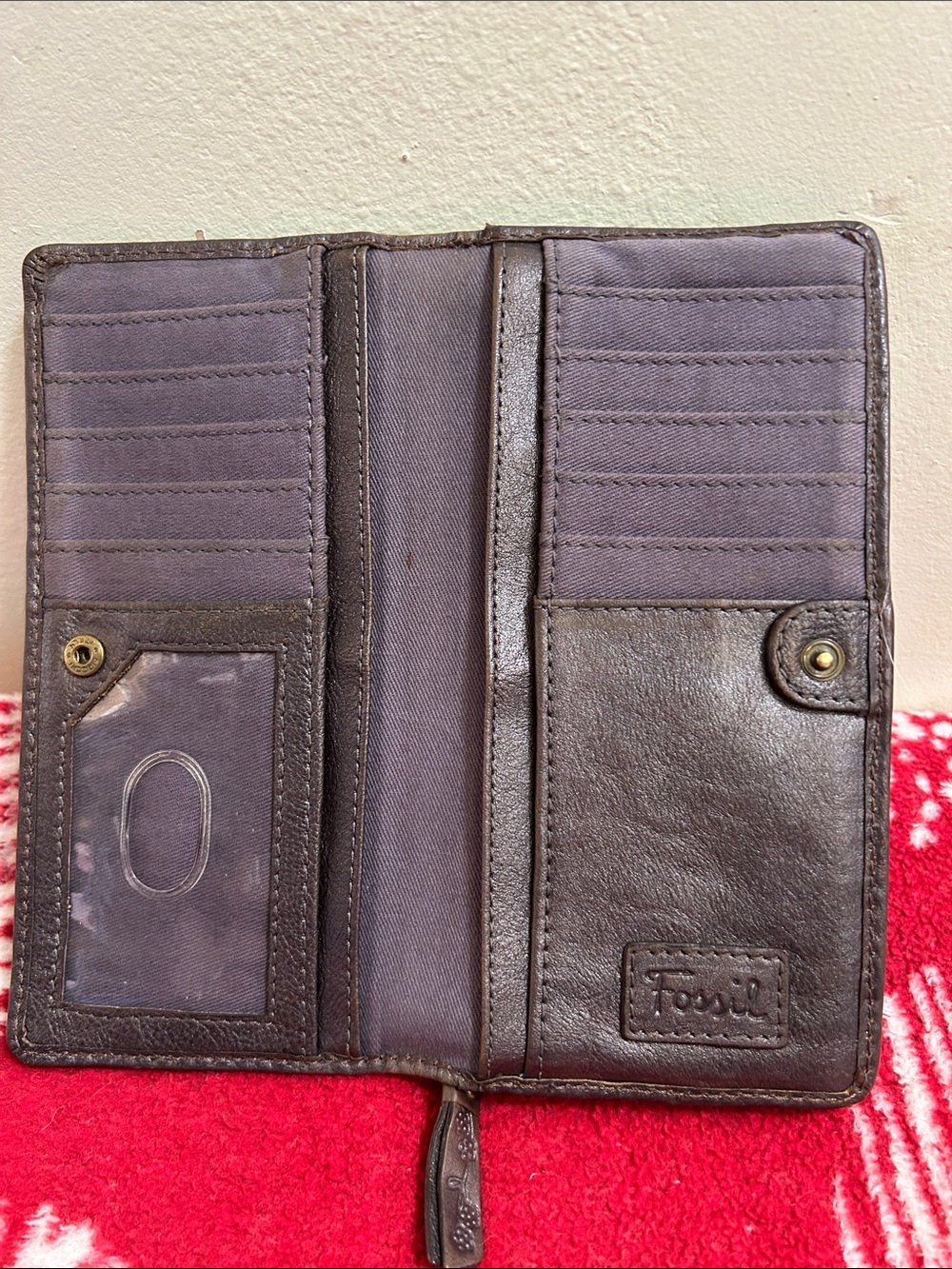 Fossil Dark Brown Leather Zip Clutch  Bifold Wallet